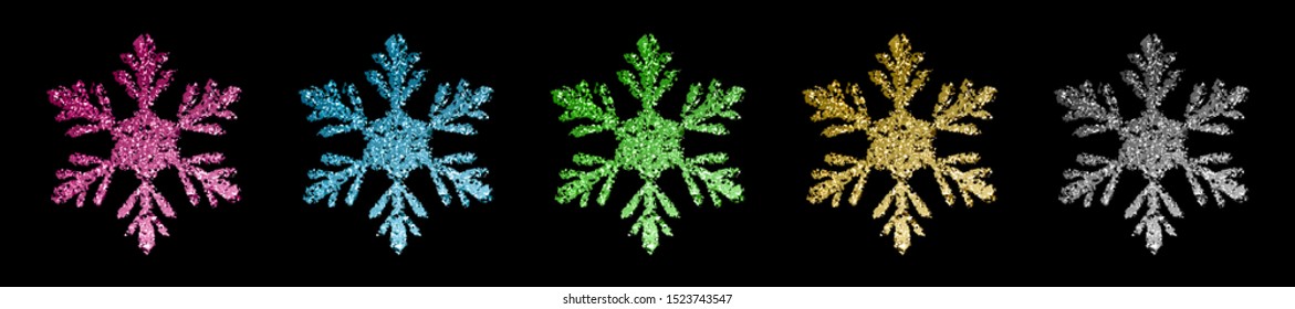 Set of beautiful shiny complex Christmas snowflakes made of sparkles in various colors