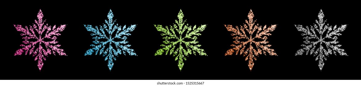 Set of beautiful shiny complex Christmas snowflakes made of sparkles in various colors
