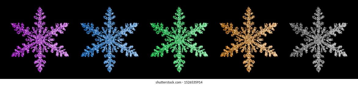 Set of beautiful shiny complex Christmas snowflakes made of sparkles in various colors