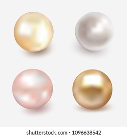 Set of beautiful shiny sea pearl. Spherical beautiful 3D orb with transparent glares and highlights. Jewelry gemstones. Isolated vector illustration on white background.