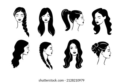 Conjunto de hermosos peinados de silueta para mujeres. Iconos femeninos para el salón de belleza.  Ilustración vectorial.
