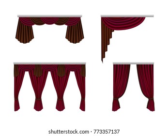 Set of beautiful, silk, velvet curtains. Decorative interior items, realistic curtains. Red curtains for a theatrical scene with highlights and shadows. Vector illustration isolated.