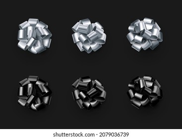 Set of beautiful silver and black foil isolated bows. Black background. Vector illustration.