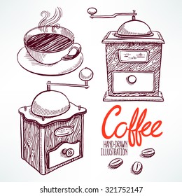 set with beautiful sketch grinders and cup of coffee. hand-drawn illustration