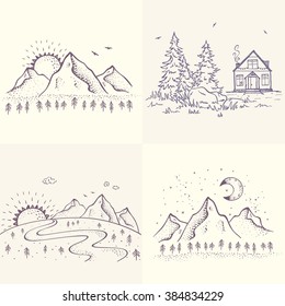 Set with beautiful sketch with house and spruce, mountains with sun and moon. Hand drawn sketch. Stylish vector illustration