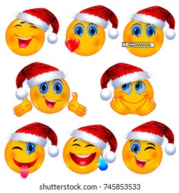 Set of Beautiful Smiley Faces / Emotional Yellow 3D Icons with Red Santa Hat on. Vector Illustration