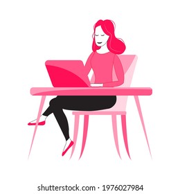 Set of beautiful smiling girls isolated on white. A young woman is sitting with a laptop at a table or on a stack of books.