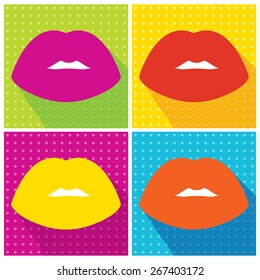 Set Beautiful smiling lips. Collections lips different colors: red, purple,orange, yellow on different background: blue, green, yellow, purple. Vector. Retro style. Background with polka dots.