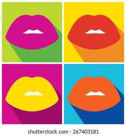 Set Beautiful smiling lips. Collections lips different colors: red, purple,orange, yellow on different background: blue, green, yellow, purple. Vector. Retro style.
