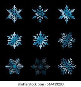 Set of beautiful snowflakes with blue gradient on a black for design. Vector illustration.