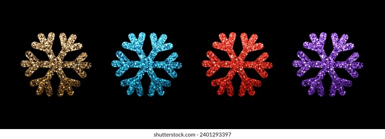 Set of beautiful snowflakes with glittering effect. Winter different colors icons. Vector illustration