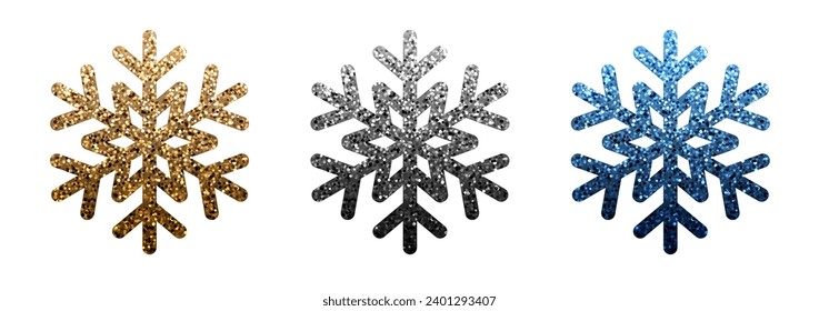 Set of beautiful snowflakes with glittering effect. Winter different colors icons. Vector illustration
