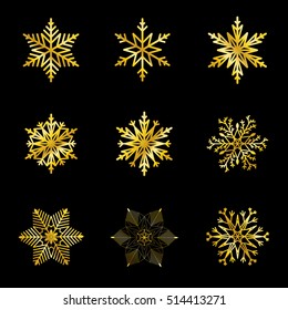 Set of beautiful snowflakes with gold gradient on a black for design. Vector illustration.