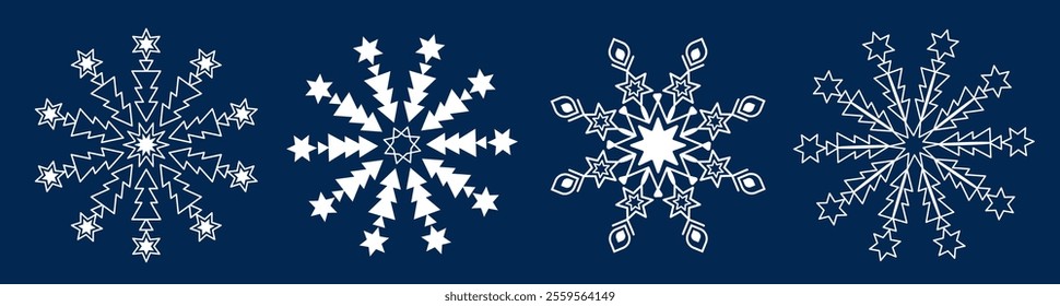 Set of beautiful snowflakes on dark background. Vector winter isolated elements. White graceful silhouettes of pieces of snow. Different patterns and number of rays
