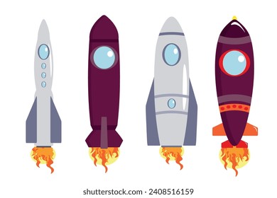 Set of beautiful space rockets in cartoon style. Vector illustration of colored rockets of different shapes and rocket fuel with portholes for space flight isolated on white background.