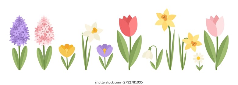 Set of beautiful spring flowers in flat geometric style. Tulips, daffodils, crocuses, hyacinth, snowdrops. Perfect for poster, card, print, spring holiday, Easter, Mother's day. Vector flat illustration.