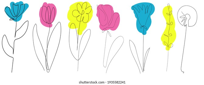 Satz schöner Frühlingsblumen einzeln auf weißem Hintergrund, eine durchgehende Linie, schwarze Konturkunst und bunte Flecken, florale Vektorelemente, botanischer Satz
