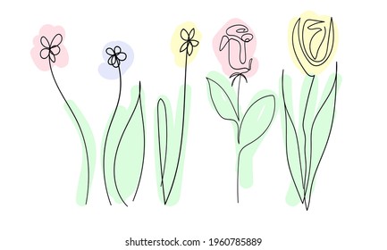 set of beautiful spring flowers on white background, one continuous line, black contour art colored spots gentle pastel color, floral vector elements, botanical set