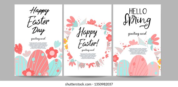 A set of beautiful spring postcards with flowers, leaves and eggs. Perfect for Easter celebration. Doodle vector spring floral elements.