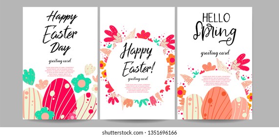 A set of beautiful spring postcards with flowers, leaves and eggs. Perfect for Easter celebration. Doodle vector spring floral elements.