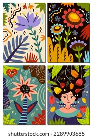 Juego de hermosos afiches de primavera. Papel de paredes o tarjetas de flores orgánicas con plantas florecientes, hojas, formas abstractas y retrato de niñas. Ilustraciones de caricaturas de vectores planos aisladas en fondo blanco