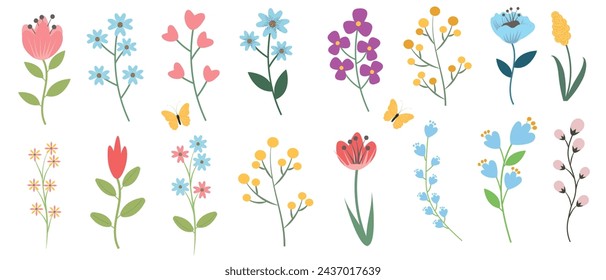 Set of beautiful spring and summer flowers, leaves, plants for creating floral bouquets. Hand drawn vector illustration.