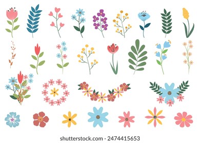 Set of beautiful spring and summer flowers, leaves, plants for creating floral bouquets. Hand drawn vector illustration of flowers and floral elements. Caricature for design of greeting cards 