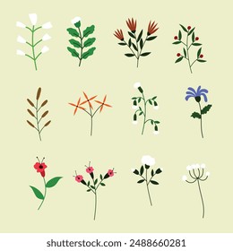 Set of beautiful spring and summer flowers, leaves, plants for creating floral bouquets. Hand drawn vector illustration of flowers and floral elements.