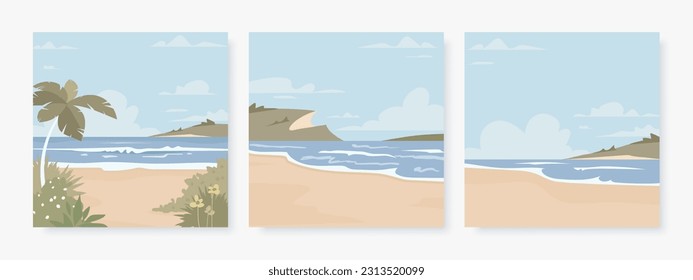 Set of beautiful square banner, poster or greeting card template with sandy summer beach. Set of nature landscape background. Vector illustration