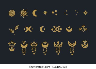 Set of beautiful star crowns and symbols. A poster with a gold scribble of a crown with stars. Star and planetary symbols. Vector illustration