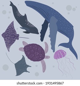 Set of beautiful starry sea animals, like humpback whale, manta rays and other