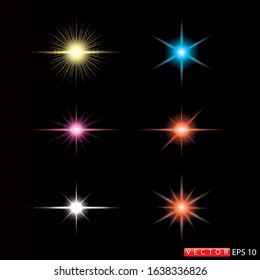 Set of beautiful stars and flares on a black background. EPS 10