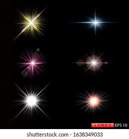 Set of beautiful stars and flares on a black background. EPS 10