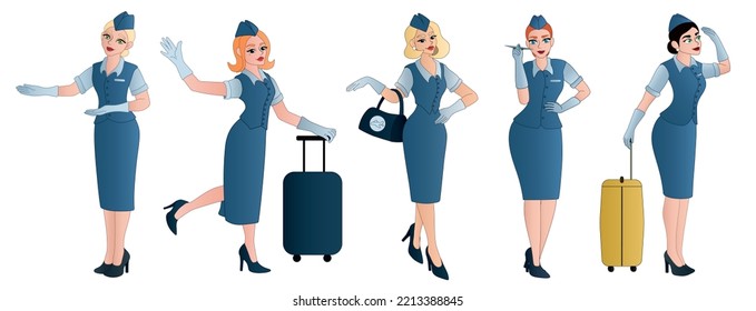 Set of beautiful stewardesses on white background