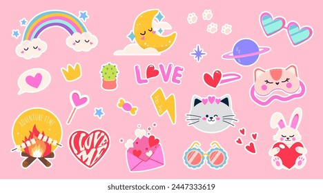 Set of beautiful stickers in cartoon style. Vector illustration of stickers: rainbow with clouds, crescent moon, bonfire with fire, glasses, crown, star, heart, cactus, candy, love letter, bunny, cat.