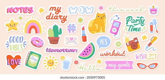 Set of beautiful stickers for notebook. Icons with inscriptions, fruits, cat and player. Design elements for decorating diary and printing. Cartoon flat vector collection isolated on pink background