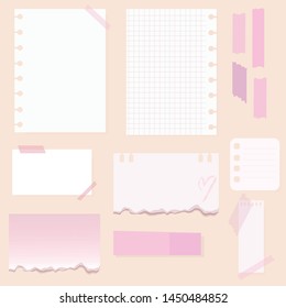 a set with beautiful stickers notes pictures for a personal diary check sheets writing sheets business pink color style flat illustration vector drawing think blank adhesive tape torn paper old stuff