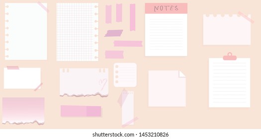 A Set With Beautiful Stickers Notes Pictures For A Personal Diary Check Sheets Writing Business Pink Color Style Flat Illustration Vector Drawing Blank Adhesive Tape Torn Paper Sticky Pages Notebook