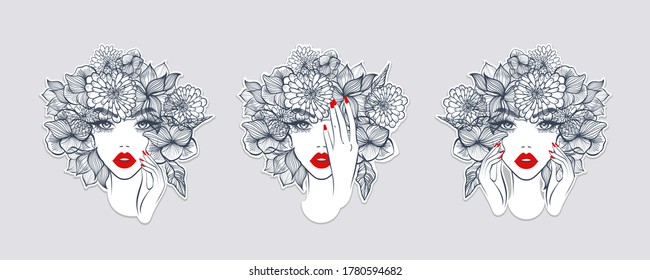 Set beautiful stickers, woman with floral headdress, beauty salon logo, wedding, anniversary. Hand drawn beautiful young woman in flower wreath. Design for banner, poster, card, invitation.