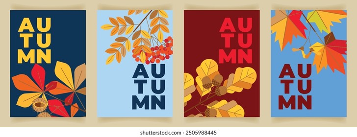 Set of beautiful stylish autumn backgrounds with branches of chestnut, maple, rowan and oak with fruits. Bright eye-catching poster with multi-colored leaves on a branch. Flyer, banner, cover, card, 