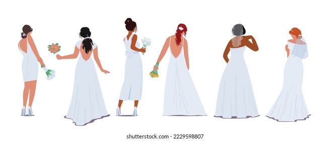 Conjunto De Hermosas Novias Elegantes Con Vistas Traseras Elegantes Aisladas En Fondo Blanco. Personajes Femeninos Jóvenes En Tela De Moda Para La Ceremonia De Boda. Ilustración de vectores de personas de caricatura