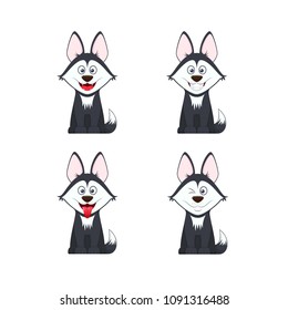 Set of beautiful stylish dogs with different emotions: joy, surprise, flirtatious, smile in a quiet sitting posture, cartoon face. Vector illustration isolated.