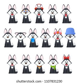 Set beautiful stylish dogs with different emotions: joy, surprise, coquetry, smile, anger, in calm sitting position, cartoon face, with glasses, headphones, book, bow with scarf Vector illustration