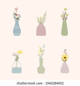 Set of beautiful stylish stickers with bouquet of flowers in vases Vector