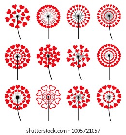 Set of beautiful stylized black dandelion blowing over white. Stylish trendy summer or spring flower and red flying fluff heart shaped. Modern floral graphic design elements. Vector icons