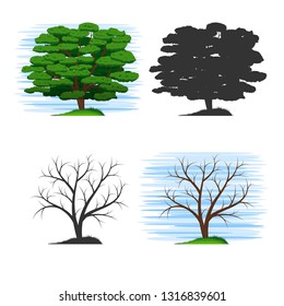 Set of beautiful stylized trees. Tree with foliage. Bare tree trunk. Silhouettes of trees. Blue sky. Green grass.