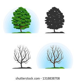 Set of beautiful stylized trees. Tree with foliage. Bare tree trunk. Silhouettes of trees. Blue sky. Green grass.