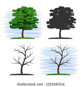 Set of beautiful stylized trees. Tree with foliage. Bare tree trunk. Silhouettes of trees. Blue sky. Green grass.