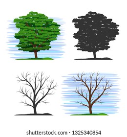Set of beautiful stylized trees. Tree with foliage. Bare tree trunk. Silhouettes of trees. Blue sky. Green grass.