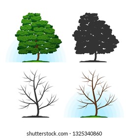 Set of beautiful stylized trees. Tree with foliage. Bare tree trunk. Silhouettes of trees. Blue sky. Green grass.